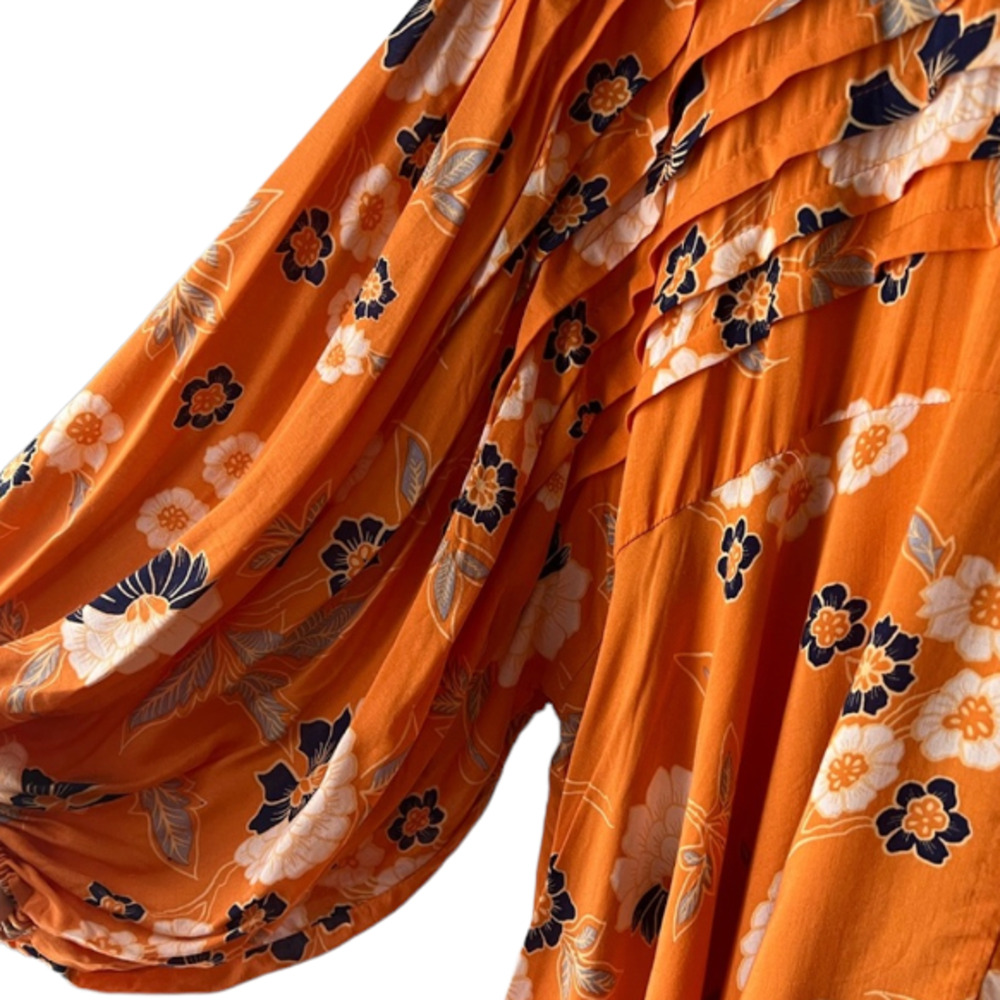 Free People Edie Oversized Orange Floral Open Back Hi Lo Boho Tunic Blouse XS - Picture 4 of 7